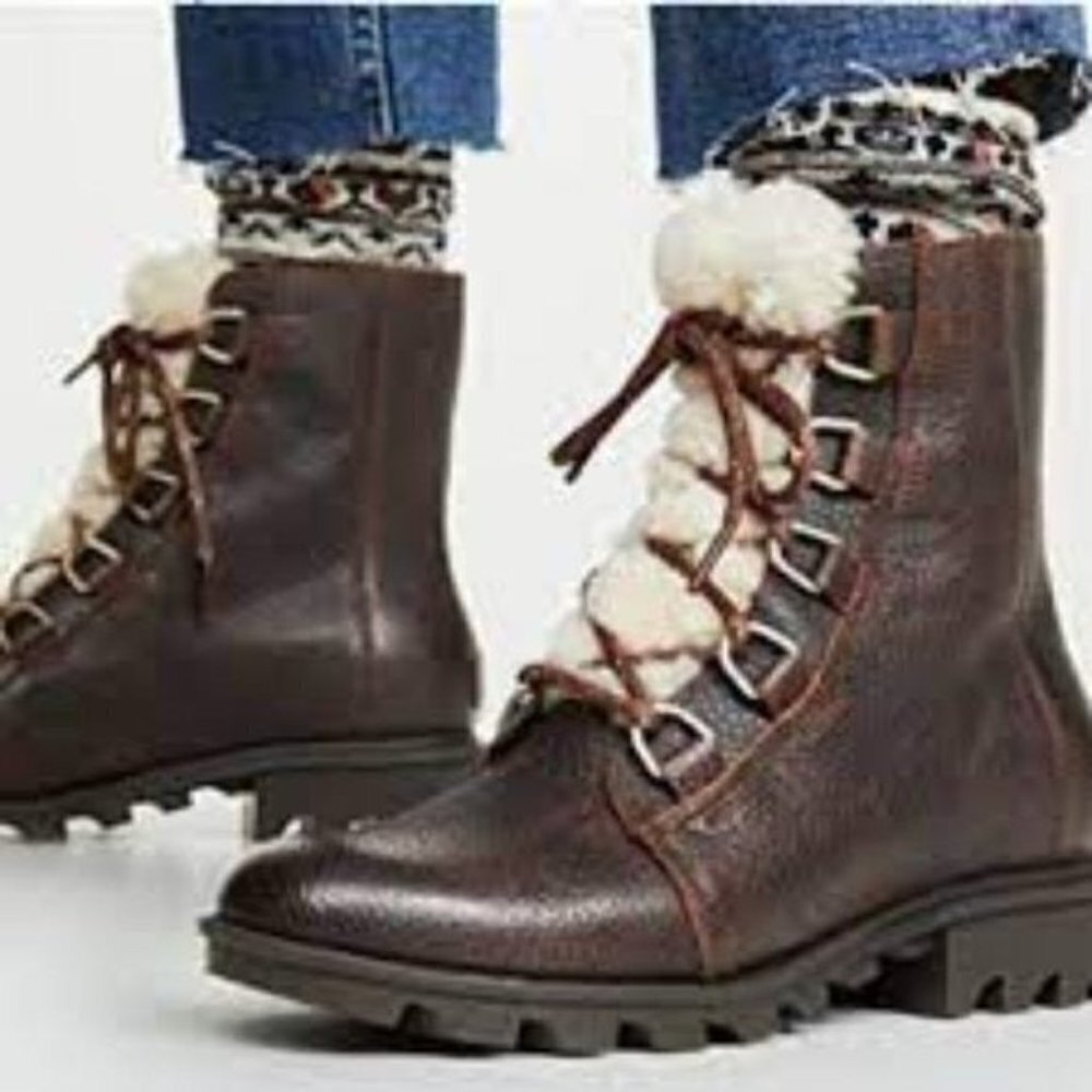 Sorel Phoenix Lazy Cozy Lace Up Lug Sole Brown Leather Shearling 6.5 Ankle Boots